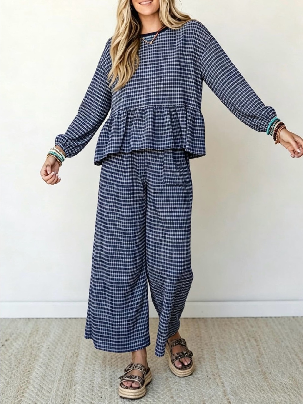 Navy & White Gingham 2-Piece Set – Size Large – NWT